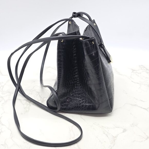 London Fog Crossbody Bag Coco Crocodile Embossed Black Vegan Leather Satchel - Picture 4 of 13